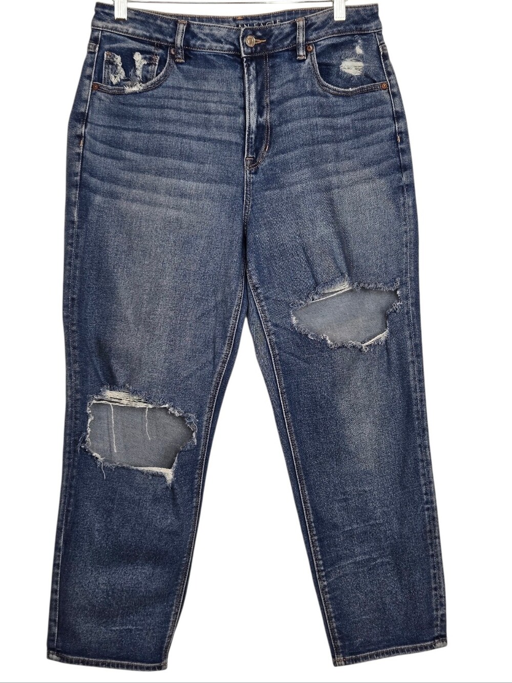 American Eagle Stretch Mom Straight Jean High Rise Distressed Ripped 14